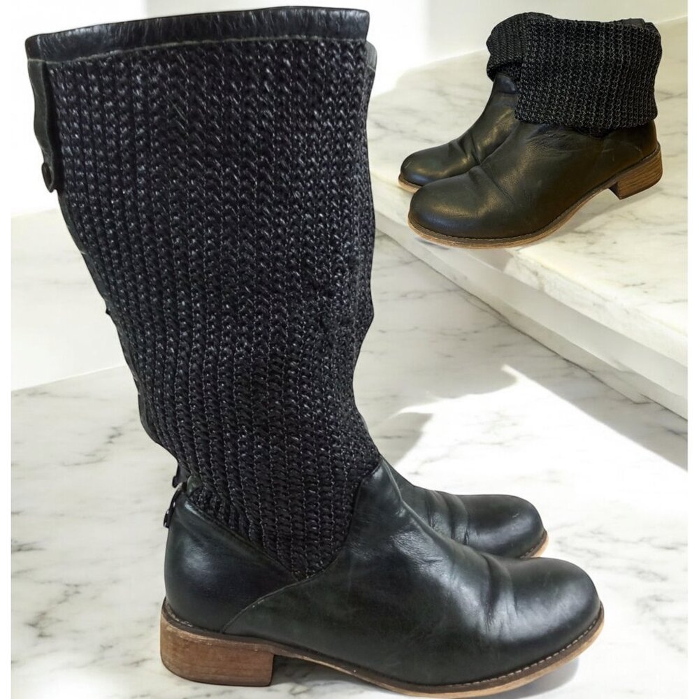 Rudsak Green Leather & Black Knit Tall Boots‎ With Fold-Down Cuffs Size 8